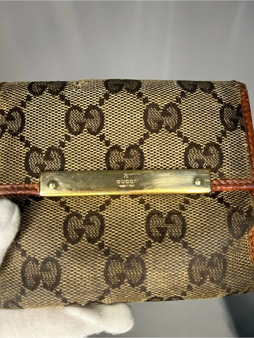 Gucci GG Canvas Bifold Wallet - Brown with Tan Trim & Gold Plate